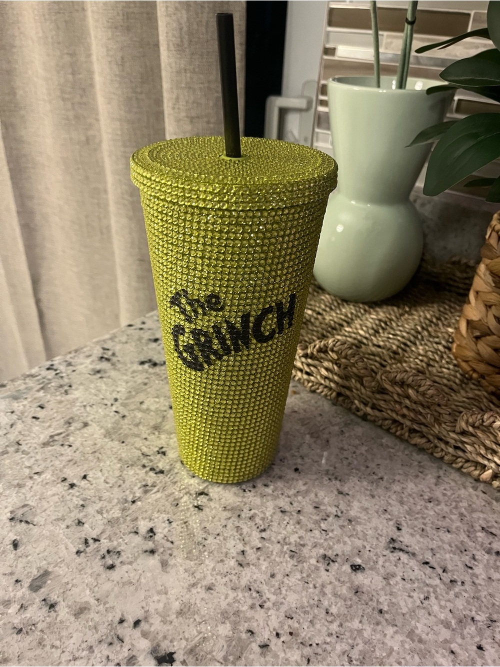 The Grinch Lime Rhinestone Tumbler with Black Straw